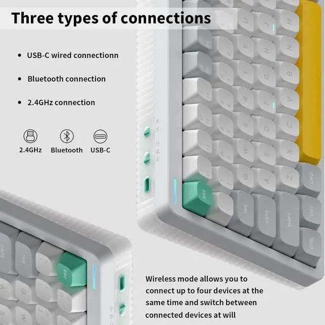 Alt view image 3 of 6 - NUPHY Halo96 V2 Wireless Keyboard,Gasket Structure,96% Hot Swappable Gaming Keyboard, 99 Kyes RGB Backlit Mechanical Keyboard, Support QMK/VIA,Bluetooth/USB-C/2.4GHz - White,Mint Switches (37gf).
