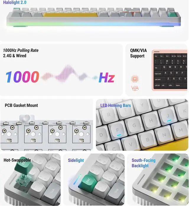 Alt view image 5 of 6 - NUPHY Halo96 V2 Wireless Keyboard,Gasket Structure,96% Hot Swappable Gaming Keyboard, 99 Kyes RGB Backlit Mechanical Keyboard, Support QMK/VIA,Bluetooth/USB-C/2.4GHz - Green,Lemon Switches (55gf)