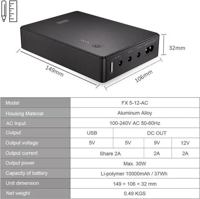 Alt view image 3 of 5 - Mini UPS Battery Backup Uninterruptible Power Supply for Router, Modem, Security Camera with Input AC Output USB 5V DC 5V 9V 12V (37Wh)