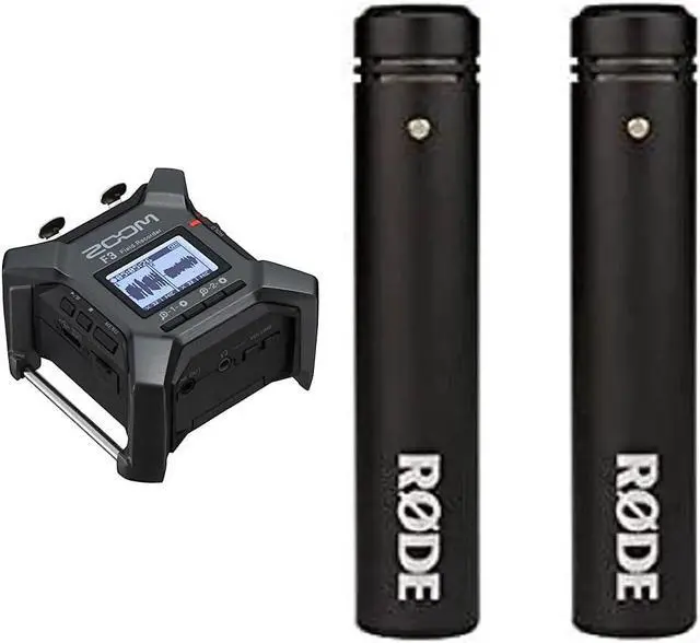 Main image of Zoom F3 Professional Field Recorder, 32-bit Float Recording, 2 Channel Recorder, Dual AD Converters, 2 Locking XLR/TRS Inputs, Battery Powered, Wireless Control & Rode M5 Matched Pair