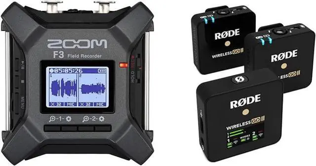 Main image of Zoom F3 Professional Field Recorder, 32-bit Float Recording, 2 Channel Recorder, Dual AD Converters & RØDE Wireless Go II Dual Channel Wireless System with Built-in Microphones
