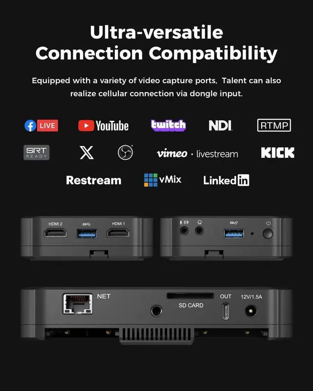Alt view image 3 of 7 - OBSBOT Talent Video Switcher Monitor Encorder Recorder All in One Video Mixer with 7 Video Inputs, Live Streaming to NDI/RTMP/SRT/YouTube and Others Platforms via Wi-Fi, 4G LTE, Ethernet, USB Port.