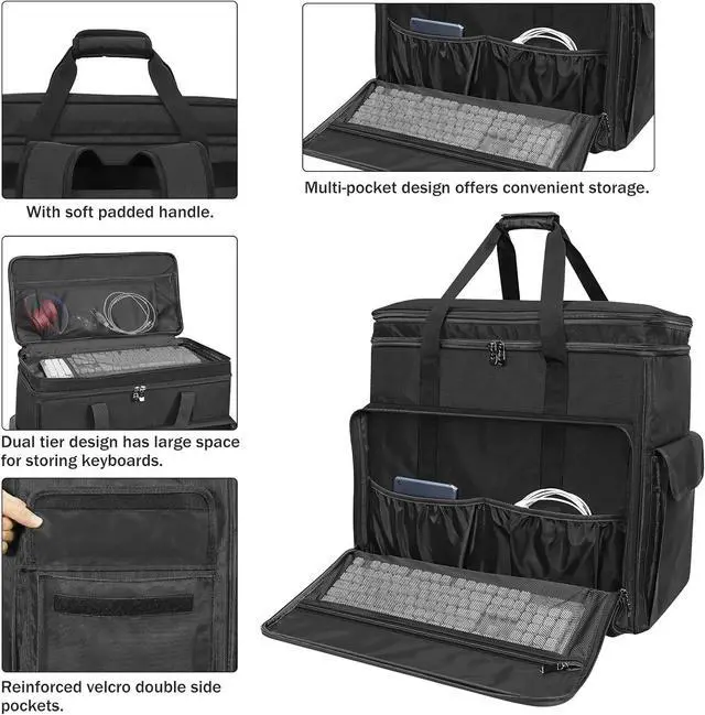 Alt view image 3 of 7 - Double Layer Computer Tower Carrying Case Desktop Computer Travel Storage Bag for PC Chassis, Keyboard, Cable, Mouse and Accessories, Bag Only (Black)
