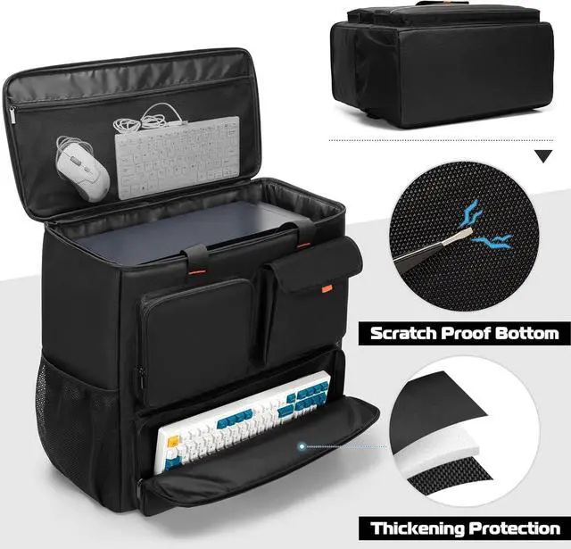 Alt view image 3 of 7 - PC Desktop Carrying Case with Multiple Storage Pockets, PC Computer Tower Backpack Bag, Traveling Carrier for Keyboard, Cable, Mouse and Headphone, Bag Only