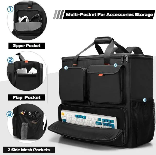 Alt view image 2 of 7 - PC Desktop Carrying Case with Multiple Storage Pockets, PC Computer Tower Backpack Bag, Traveling Carrier for Keyboard, Cable, Mouse and Headphone, Bag Only