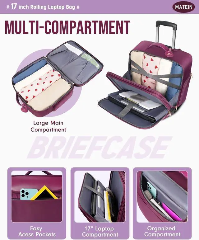 Alt view image 2 of 6 - Rolling Briefcase for Women, Large 17 Inch Laptop Travel Bag with Wheels & 3 Packing Cubes, Carry On Business Luggage Office Roller Computer Case Suitcase for Teacher College Work, Purple