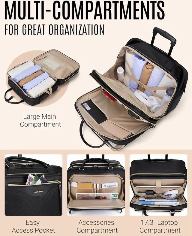 Alt view image 2 of 7 - Rolling Laptop Bag, 17.3 inch Rolling Briefcase for Women, Computer Bag with Wheels, Overnight Roller Bag for Carry on Travel Work Business, Black