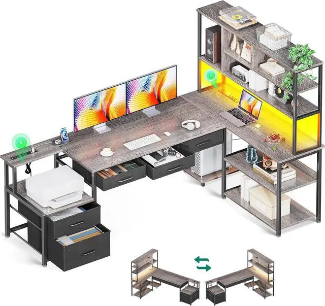 Main image of 79"  L Shaped Desk with File Drawers, Reversible L Shaped Gaming Desk with Power Outlets & LED Lights, Computer Desk with Storage Shelves for Home Office, Grey