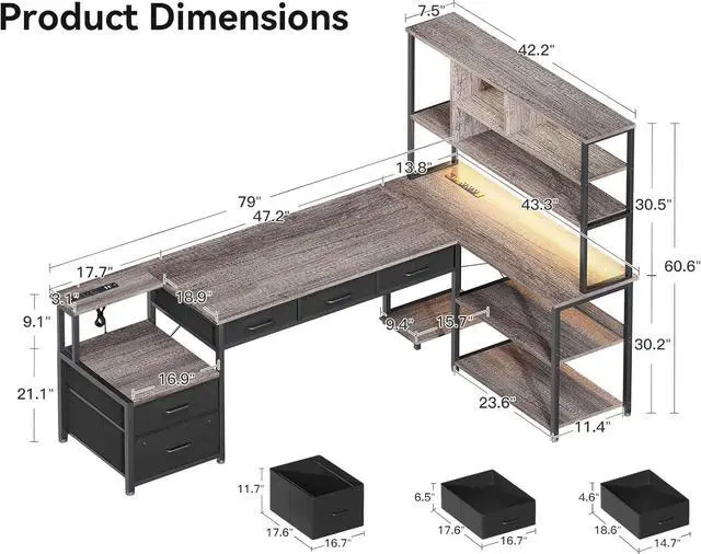 Alt view image 7 of 7 - 79"  L Shaped Desk with File Drawers, Reversible L Shaped Gaming Desk with Power Outlets & LED Lights, Computer Desk with Storage Shelves for Home Office, Grey