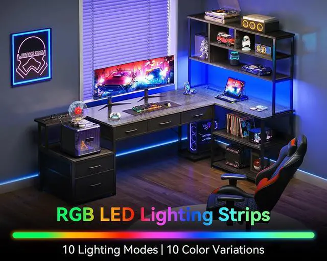 Alt view image 2 of 7 - 79"  L Shaped Desk with File Drawers, Reversible L Shaped Gaming Desk with Power Outlets & LED Lights, Computer Desk with Storage Shelves for Home Office, Grey