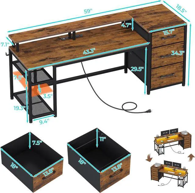 Alt view image 2 of 6 - 59" Office Desk with Drawers, Reversible Computer Desk with File Drawers & Storage, Gaming Desk with LED Lights & Power Outlet, Home Office Desks for Printer, Rustic Brown