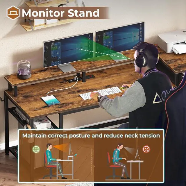 Alt view image 6 of 6 - 59" Office Desk with Drawers, Reversible Computer Desk with File Drawers & Storage, Gaming Desk with LED Lights & Power Outlet, Home Office Desks for Printer, Rustic Brown
