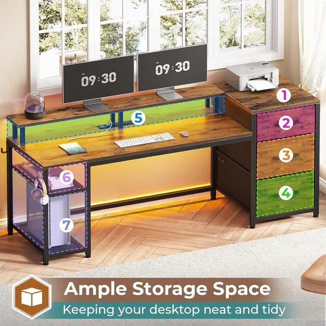 Alt view image 5 of 6 - 59" Office Desk with Drawers, Reversible Computer Desk with File Drawers & Storage, Gaming Desk with LED Lights & Power Outlet, Home Office Desks for Printer, Rustic Brown