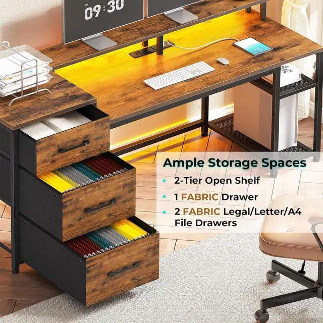 Alt view image 4 of 6 - 59" Office Desk with Drawers, Reversible Computer Desk with File Drawers & Storage, Gaming Desk with LED Lights & Power Outlet, Home Office Desks for Printer, Rustic Brown