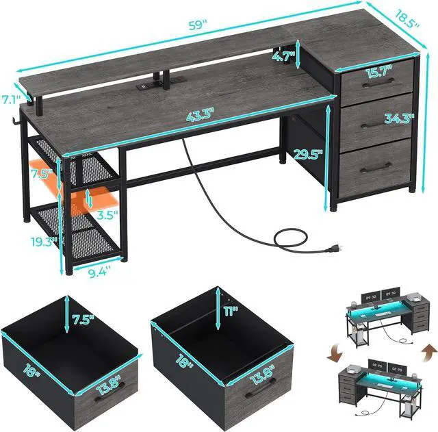 Alt view image 2 of 6 - 59" Office Desk with Drawers, Reversible Computer Desk with File Drawers & Storage, Gaming Desk with LED Lights & Power Outlet, Home Office Desks for Printer, Grey