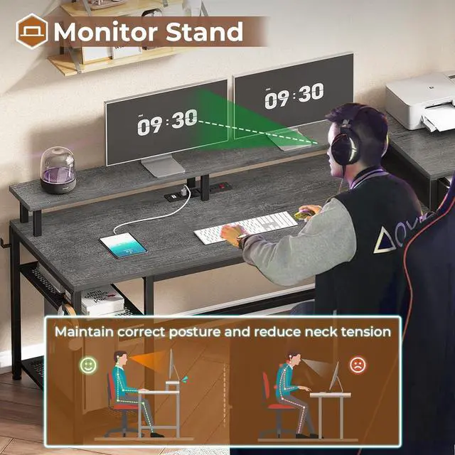 Alt view image 6 of 6 - 59" Office Desk with Drawers, Reversible Computer Desk with File Drawers & Storage, Gaming Desk with LED Lights & Power Outlet, Home Office Desks for Printer, Grey