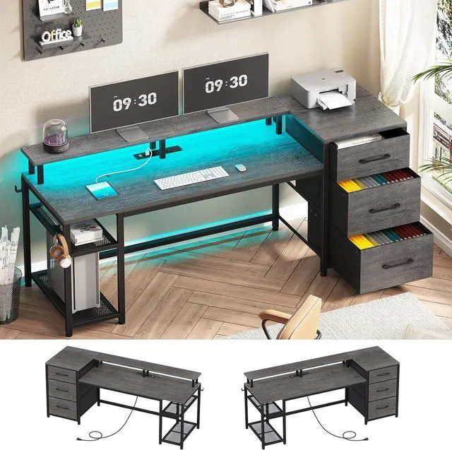 Main image of 59" Office Desk with Drawers, Reversible Computer Desk with File Drawers & Storage, Gaming Desk with LED Lights & Power Outlet, Home Office Desks for Printer, Grey