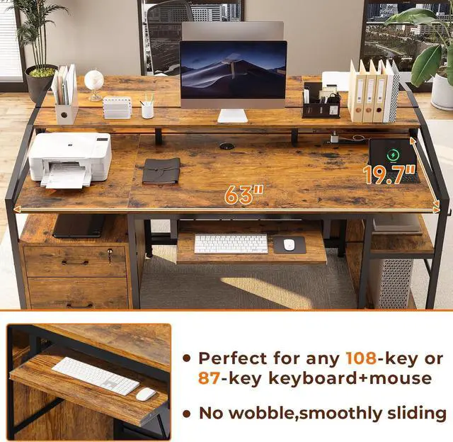 Alt view image 6 of 7 - 63" Computer Desk, Office Desk with Lockable Drawers for Legal/Letter File, Gaming Desk with LED Lights & Power Outlet, Home Office Desks with Storage, Rustic Brown
