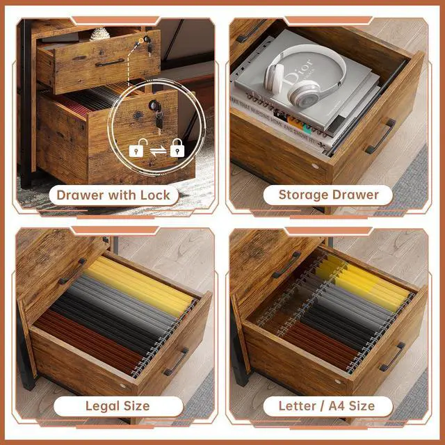 Alt view image 3 of 7 - 63" Computer Desk, Office Desk with Lockable Drawers for Legal/Letter File, Gaming Desk with LED Lights & Power Outlet, Home Office Desks with Storage, Rustic Brown