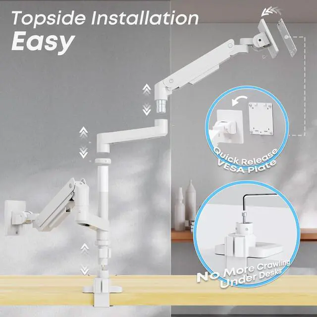 Alt view image 7 of 7 - 17-49 inch Premium Aluminum Heavy Duty Dual Monitor Arm for Ultrawide Screens up to 44lbs, Vertical Stacked Dual Monitor Desk Mount, Full Motion Dual Vertical Monitor Mount, VESA 75/100,White