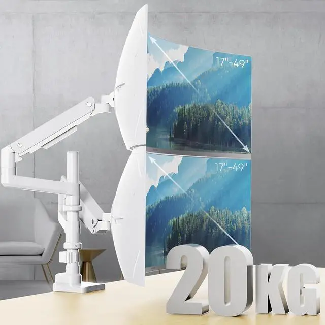 Alt view image 3 of 7 - 17-49 inch Premium Aluminum Heavy Duty Dual Monitor Arm for Ultrawide Screens up to 44lbs, Vertical Stacked Dual Monitor Desk Mount, Full Motion Dual Vertical Monitor Mount, VESA 75/100,White