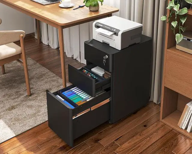 Alt view image 4 of 7 - File Cabinet for Home Office, Fully Assembled Filing Cabinet 3 Drawer Rolling File Cabinets with Lock, Small Mobile File Storage Cabinets for A4/Legal/Letter File, Black