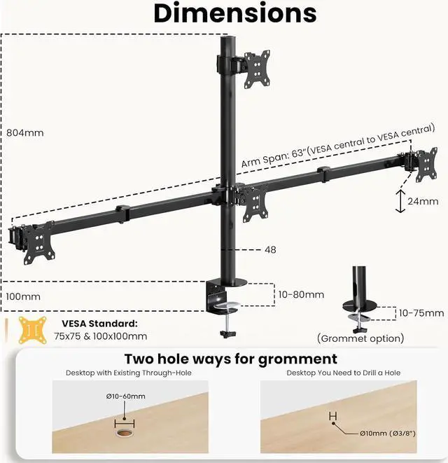 Alt view image 5 of 6 - Quad Monitor Mount for 17-32 Inches - Fully Adjustable Heavy Duty 4 Monitor Mount, 4 Monitor Arm Desk Mount, Max Load 22lbs per Screen, Clamp/Grommet, VESA 75/100mm, Black