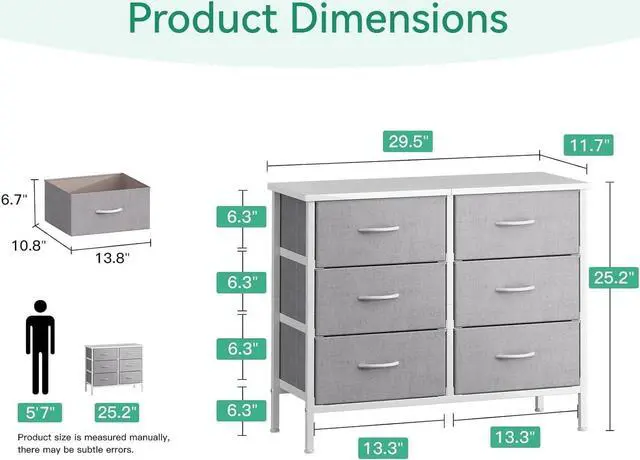 Alt view image 3 of 7 - Dresser for Bedroom Dresser TV Stand with 6 Storage Drawers, Small Fabric Dresser Chest of Drawers for Closet Organizer Clothes, White and Light Grey