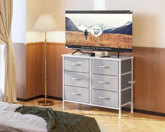 Alt view image 2 of 7 - Dresser for Bedroom Dresser TV Stand with 6 Storage Drawers, Small Fabric Dresser Chest of Drawers for Closet Organizer Clothes, White and Light Grey