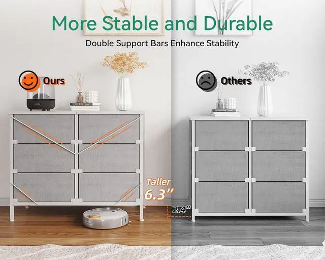 Alt view image 6 of 7 - Dresser for Bedroom Dresser TV Stand with 6 Storage Drawers, Small Fabric Dresser Chest of Drawers for Closet Organizer Clothes, White and Light Grey