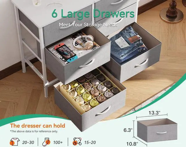 Alt view image 4 of 7 - Dresser for Bedroom Dresser TV Stand with 6 Storage Drawers, Small Fabric Dresser Chest of Drawers for Closet Organizer Clothes, White and Light Grey