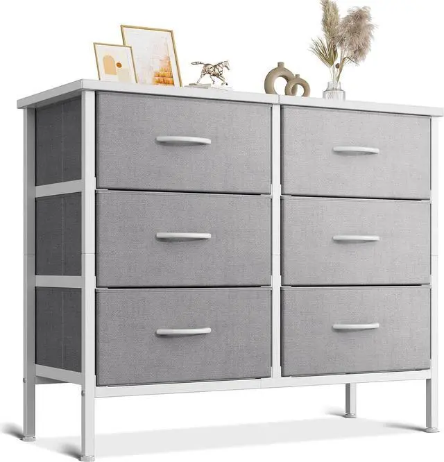 Main image of Dresser for Bedroom Dresser TV Stand with 6 Storage Drawers, Small Fabric Dresser Chest of Drawers for Closet Organizer Clothes, White and Light Grey