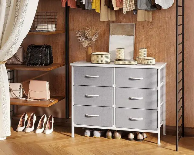 Alt view image 7 of 7 - Dresser for Bedroom Dresser TV Stand with 6 Storage Drawers, Small Fabric Dresser Chest of Drawers for Closet Organizer Clothes, White and Light Grey