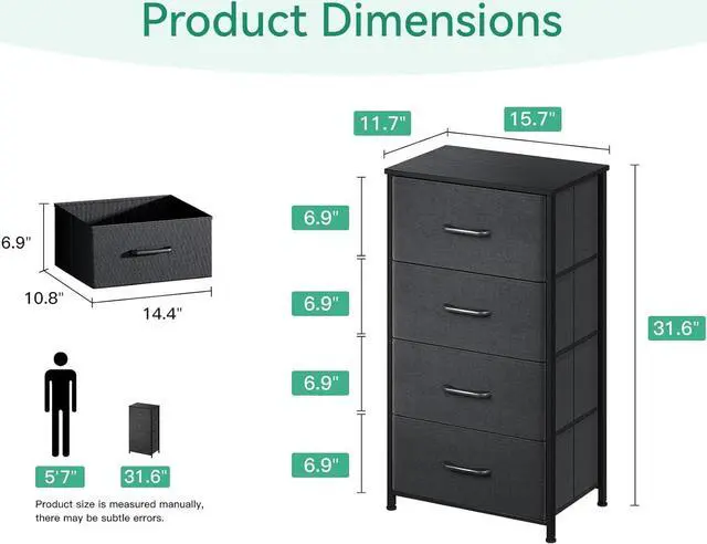 Alt view image 3 of 7 - Dresser for Bedroom with 4 Storage Drawers, Small Dresser Chest of Drawers Fabric Dresser with Sturdy Steel Frame, Dresser for Closet with Wood Top, Dark Grey