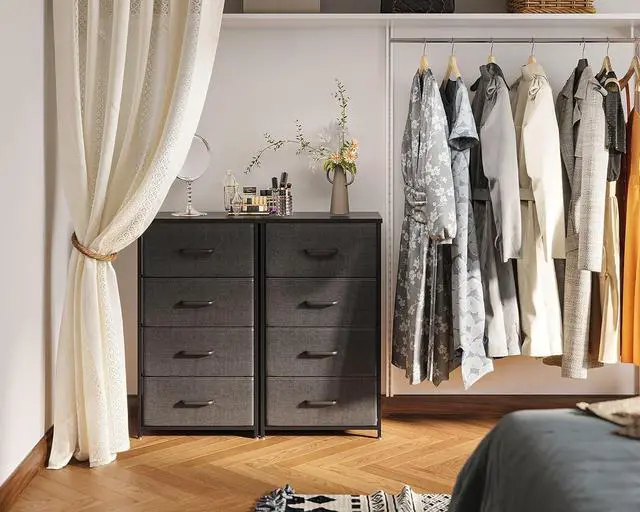 Alt view image 6 of 7 - Dresser for Bedroom with 4 Storage Drawers, Small Dresser Chest of Drawers Fabric Dresser with Sturdy Steel Frame, Dresser for Closet with Wood Top, Dark Grey