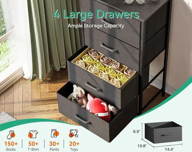 Alt view image 4 of 7 - Dresser for Bedroom with 4 Storage Drawers, Small Dresser Chest of Drawers Fabric Dresser with Sturdy Steel Frame, Dresser for Closet with Wood Top, Dark Grey