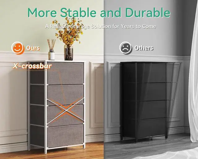 Alt view image 5 of 7 - Dresser for Bedroom with 4 Storage Drawers, Small Dresser Chest of Drawers Fabric Dresser with Sturdy Steel Frame, Dresser for Closet with Wood Top, Light Grey