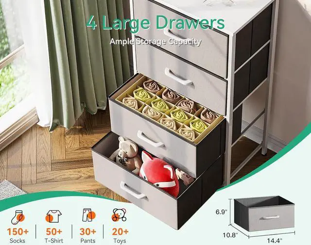 Alt view image 4 of 7 - Dresser for Bedroom with 4 Storage Drawers, Small Dresser Chest of Drawers Fabric Dresser with Sturdy Steel Frame, Dresser for Closet with Wood Top, Light Grey