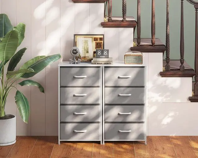 Alt view image 7 of 7 - Dresser for Bedroom with 4 Storage Drawers, Small Dresser Chest of Drawers Fabric Dresser with Sturdy Steel Frame, Dresser for Closet with Wood Top, Light Grey