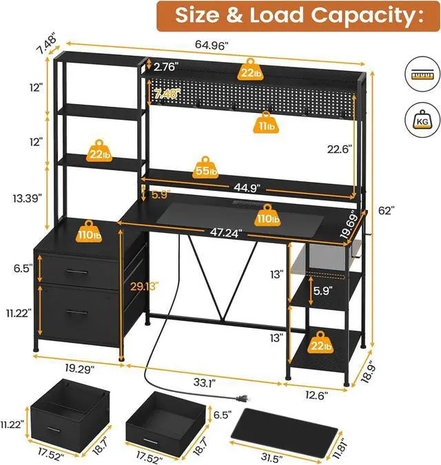 Alt view image 2 of 7 - 65" Gaming Desk with Hutch, 65in Reversible Computer Desk with Power Outlets LED Light, Home Office Desk with Monitor Stand 2 Drawers 4 Storage Shelves Pegboard 8 Hooks Mouse Pad - Carbon Fiber Black