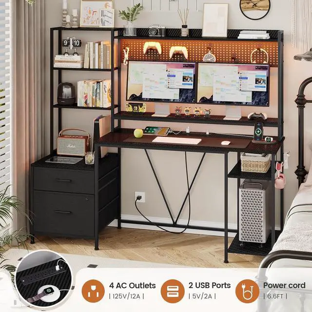 Alt view image 3 of 7 - 65" Gaming Desk with Hutch, 65in Reversible Computer Desk with Power Outlets LED Light, Home Office Desk with Monitor Stand 2 Drawers 4 Storage Shelves Pegboard 8 Hooks Mouse Pad - Carbon Fiber Black