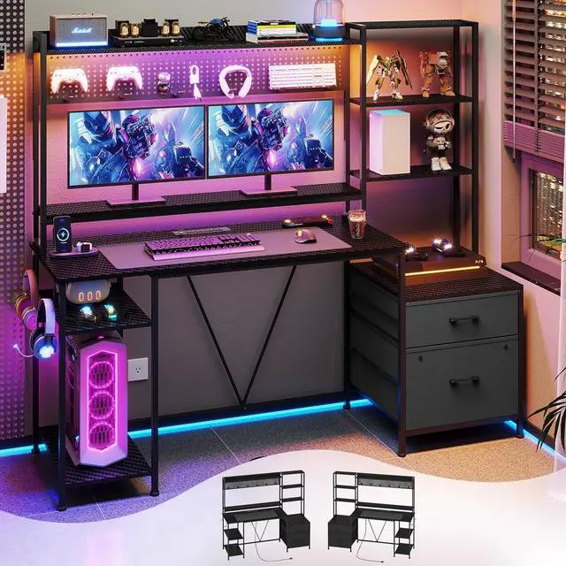 Main image of 65" Gaming Desk with Hutch, 65in Reversible Computer Desk with Power Outlets LED Light, Home Office Desk with Monitor Stand 2 Drawers 4 Storage Shelves Pegboard 8 Hooks Mouse Pad - Carbon Fiber Black