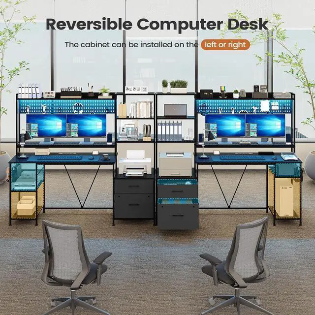 Alt view image 5 of 7 - 65" Gaming Desk with Hutch, 65in Reversible Computer Desk with Power Outlets LED Light, Home Office Desk with Monitor Stand 2 Drawers 4 Storage Shelves Pegboard 8 Hooks Mouse Pad - Carbon Fiber Black