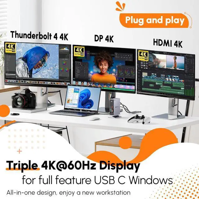 Alt view image 3 of 7 - Thunderbolt 4 Dock with Power Adapter, Thunderbolt Certified, Dual/Triple 4K@60Hz Monitor Docking Station for Windows, Mac, and Chrome (40Gbps, HDMI, DP, 6xUSB Ports, SD/TF 4.0)