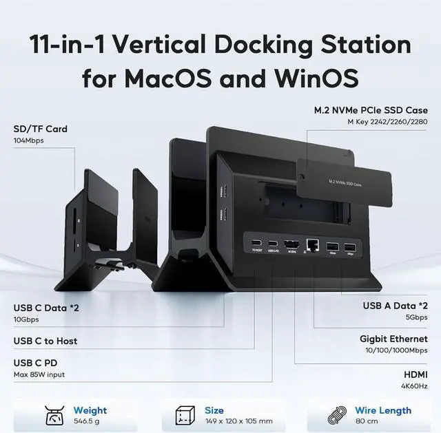 Alt view image 2 of 7 - Vertical MacBook Docking Station, Docking Station for Mac Mini with M.2 NVMe case for MacBook Pro/Air, 4K@60Hz HDMI, 2USB C 10Gbps, SD/TF, 100W PD, RJ45, 2 USB A for Windows Black