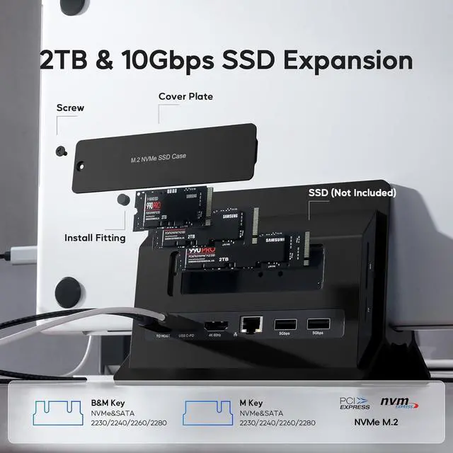 Alt view image 3 of 7 - Vertical MacBook Docking Station, Docking Station for Mac Mini with M.2 NVMe case for MacBook Pro/Air, 4K@60Hz HDMI, 2USB C 10Gbps, SD/TF, 100W PD, RJ45, 2 USB A for Windows Black