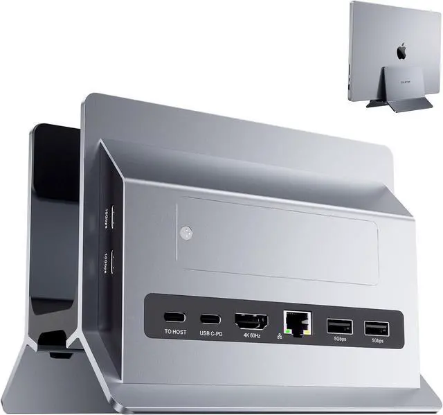 Main image of Vertical MacBook Docking Station, Docking Station for Mac Mini with M.2 NVMe case for MacBook Pro/Air, 4K@60Hz HDMI, 2USB C 10Gbps, SD/TF, 100W PD, RJ45, 2 USB A for Windows Grey