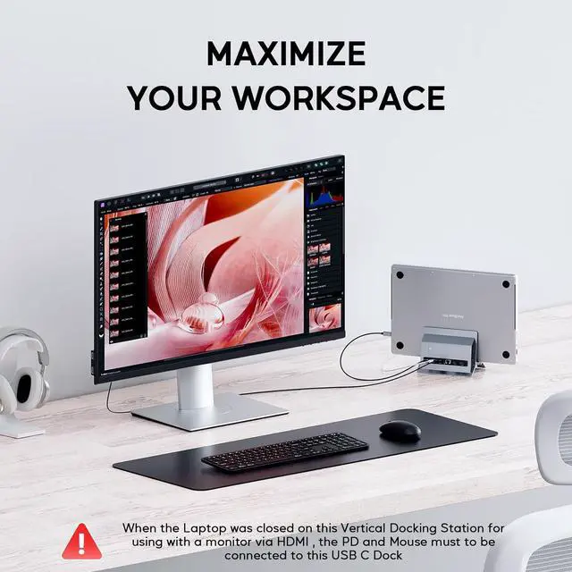 Alt view image 5 of 7 - Vertical MacBook Docking Station, Docking Station for Mac Mini with M.2 NVMe case for MacBook Pro/Air, 4K@60Hz HDMI, 2USB C 10Gbps, SD/TF, 100W PD, RJ45, 2 USB A for Windows Grey