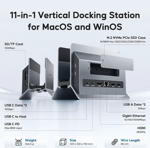 Alt view image 2 of 7 - Vertical MacBook Docking Station, Docking Station for Mac Mini with M.2 NVMe case for MacBook Pro/Air, 4K@60Hz HDMI, 2USB C 10Gbps, SD/TF, 100W PD, RJ45, 2 USB A for Windows Grey