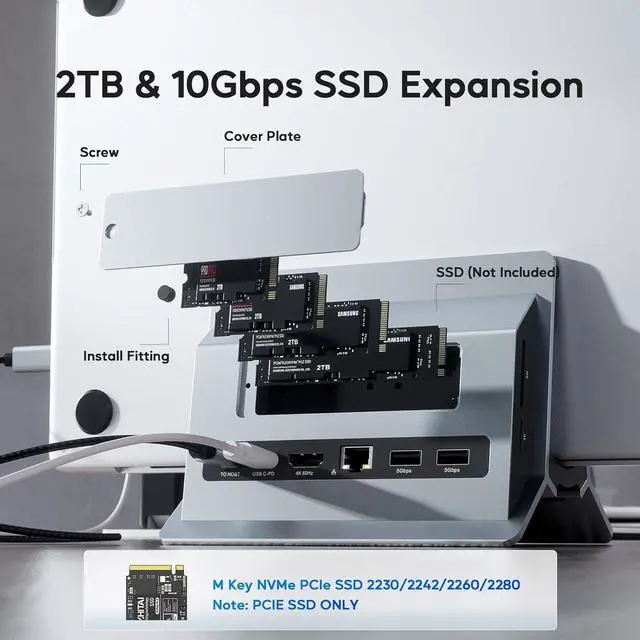Alt view image 3 of 7 - Vertical MacBook Docking Station, Docking Station for Mac Mini with M.2 NVMe case for MacBook Pro/Air, 4K@60Hz HDMI, 2USB C 10Gbps, SD/TF, 100W PD, RJ45, 2 USB A for Windows Grey